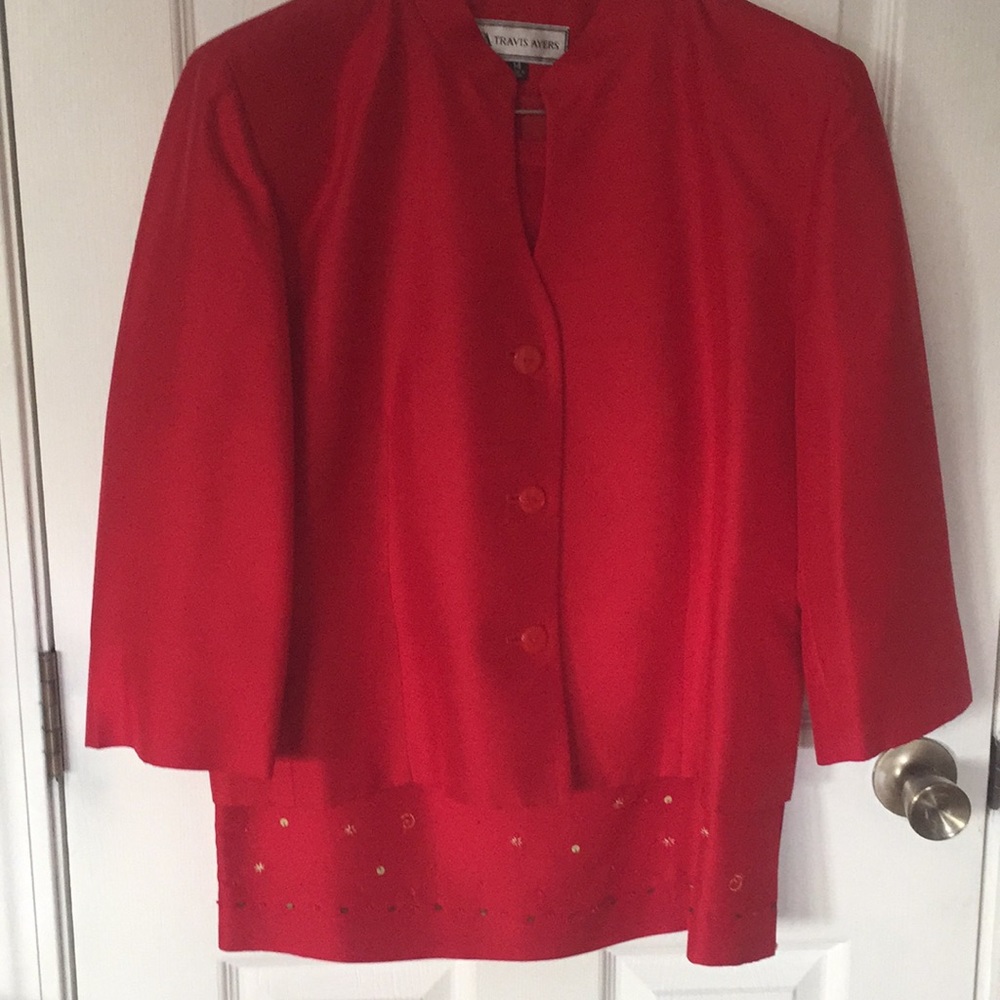 Travis Ayers Red Silk Jacket and Skirt.